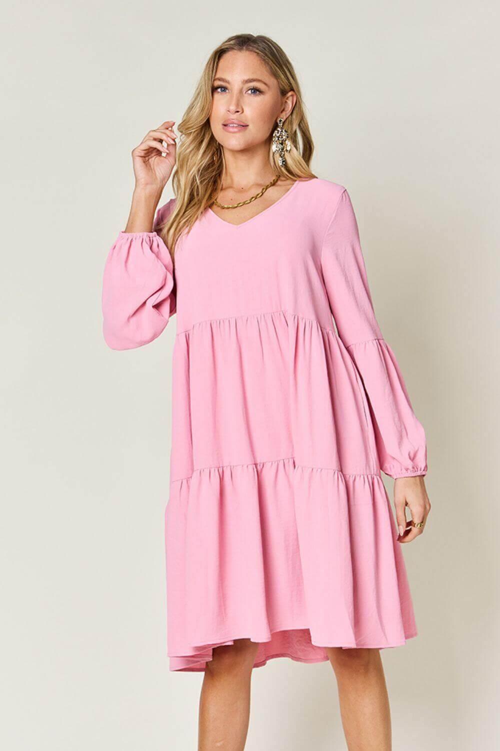 Double Take Full Size V-Neck Balloon Sleeve Tiered Dress - SAMFILS