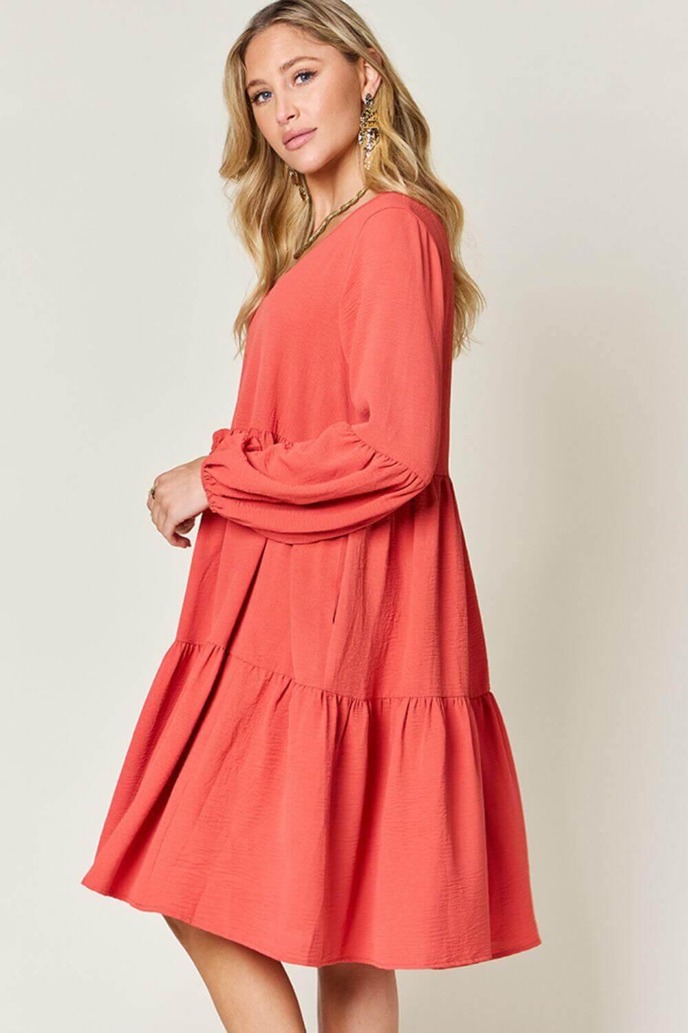 Double Take Full Size V-Neck Balloon Sleeve Tiered Dress - SAMFILS