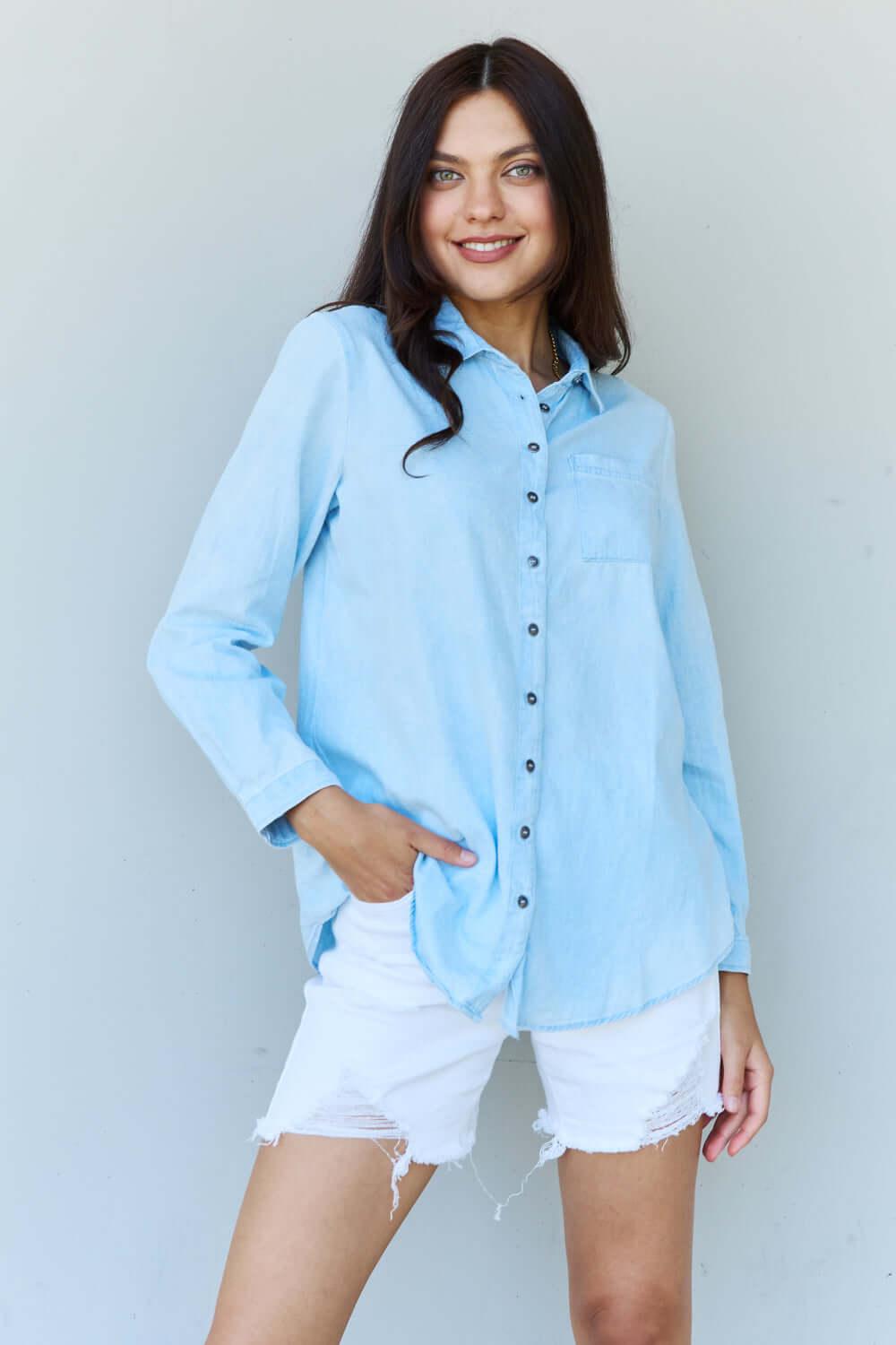 Doublju Blue Jean Baby Denim Button Down Shirt - SAMFILS