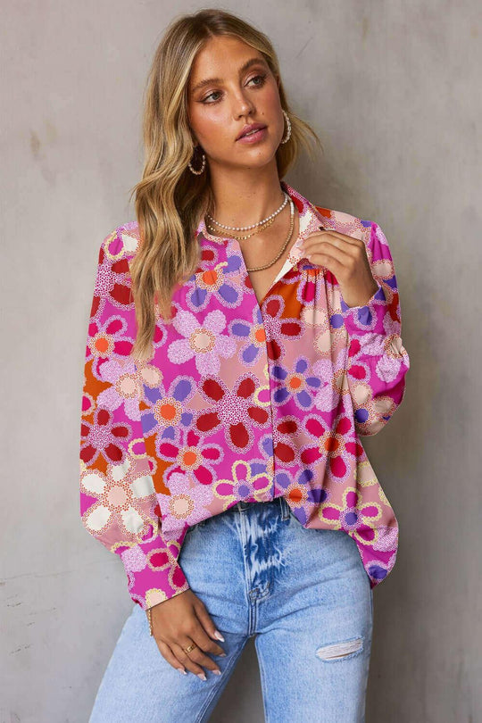 Printed Collared Neck Long Sleeve Shirt comfortable style - Samslivos