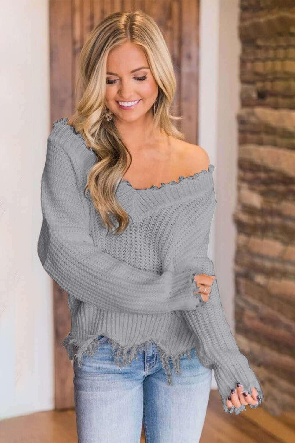 Frayed Hem Dropped Shoulder Sweater - SAMFILS