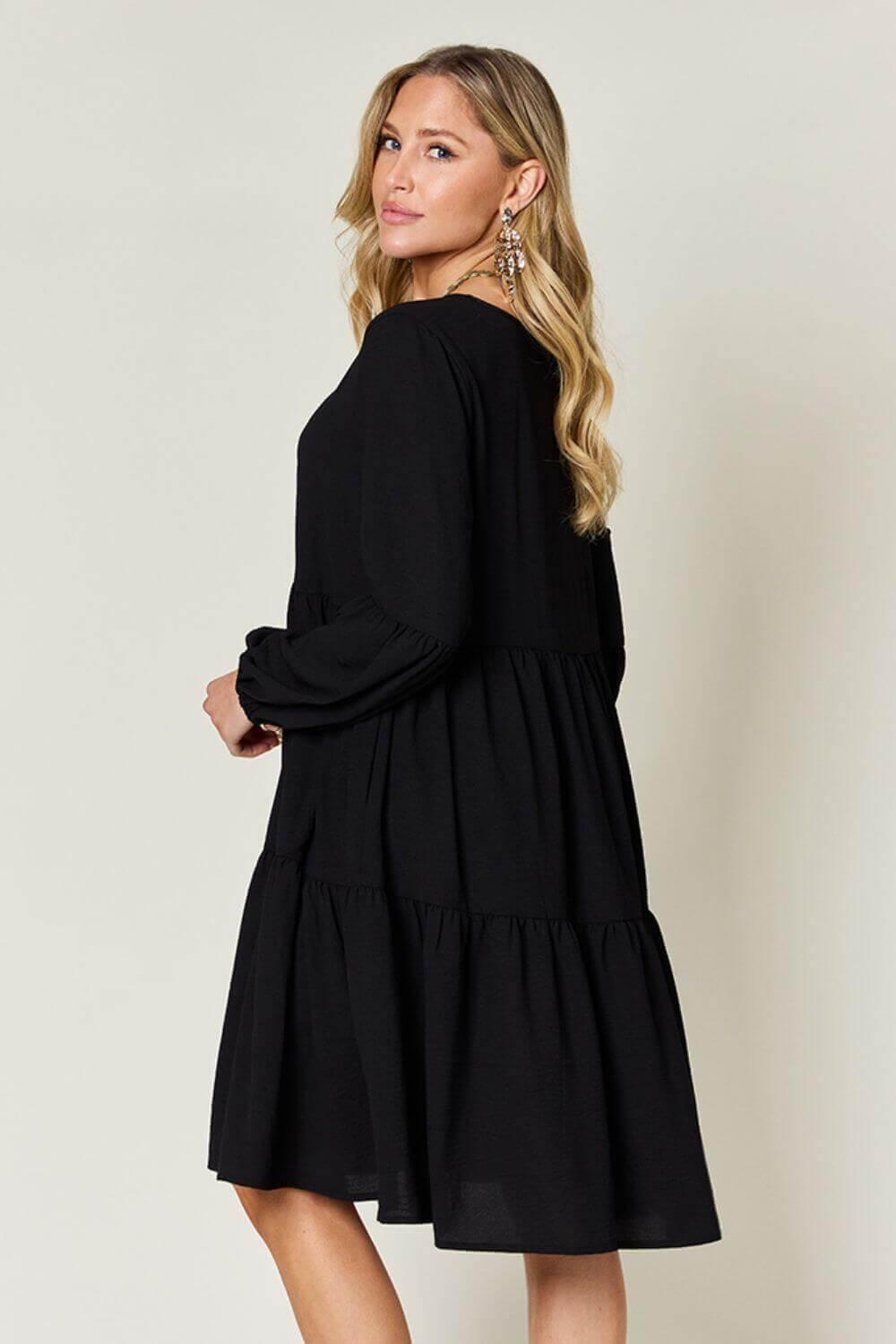 Double Take Full Size V-Neck Balloon Sleeve Tiered Dress - SAMFILS