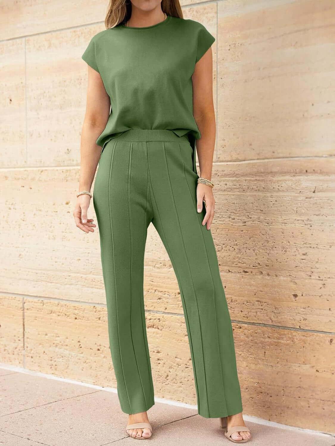 Round Neck Cap Sleeve Top and Pants Outfit Set - SAMFILS