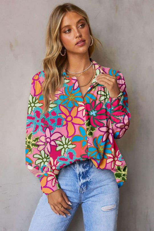 Printed Collared Neck Long Sleeve Shirt comfortable style - Samslivos