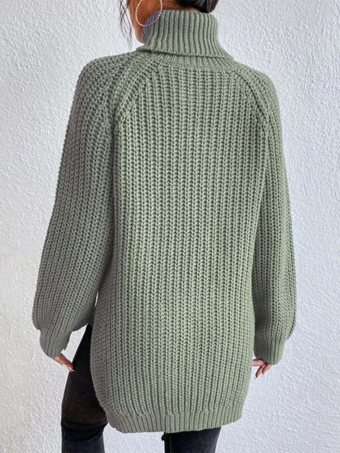 Full Size Turtleneck Rib-Knit Slit Sweater - Samslivos