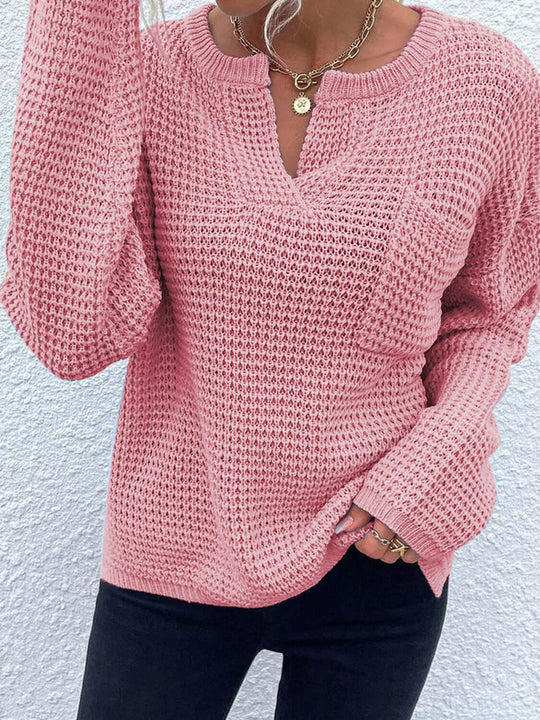 Comfort Notched Long Sleeve Sweater - SAMFILS