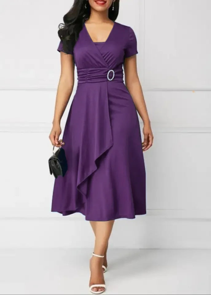 Summer Dresses Elegant Women V Neck Solid Short Sleeve - Samslivos