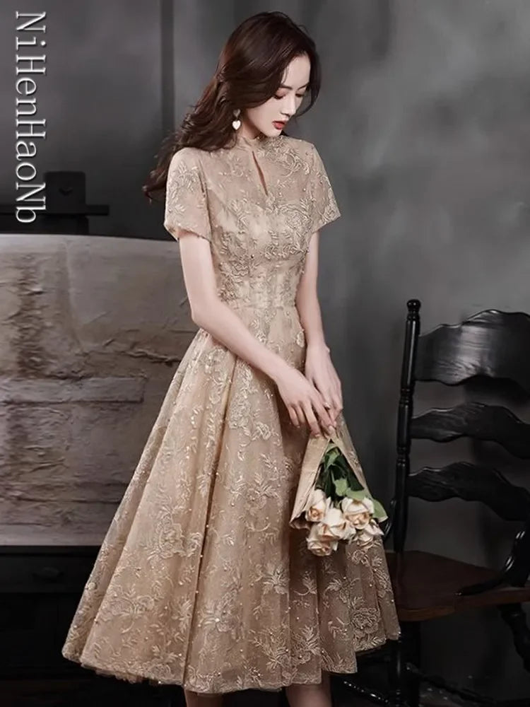 Luxury Lace Long Dresses New Beaded Elegant Formal Short Sleeves