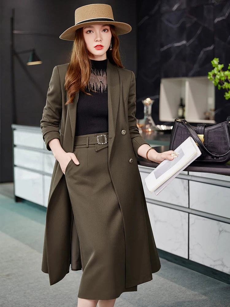 Formal Skirt Suit Female Coffee Long Sleeve Two Piece Set