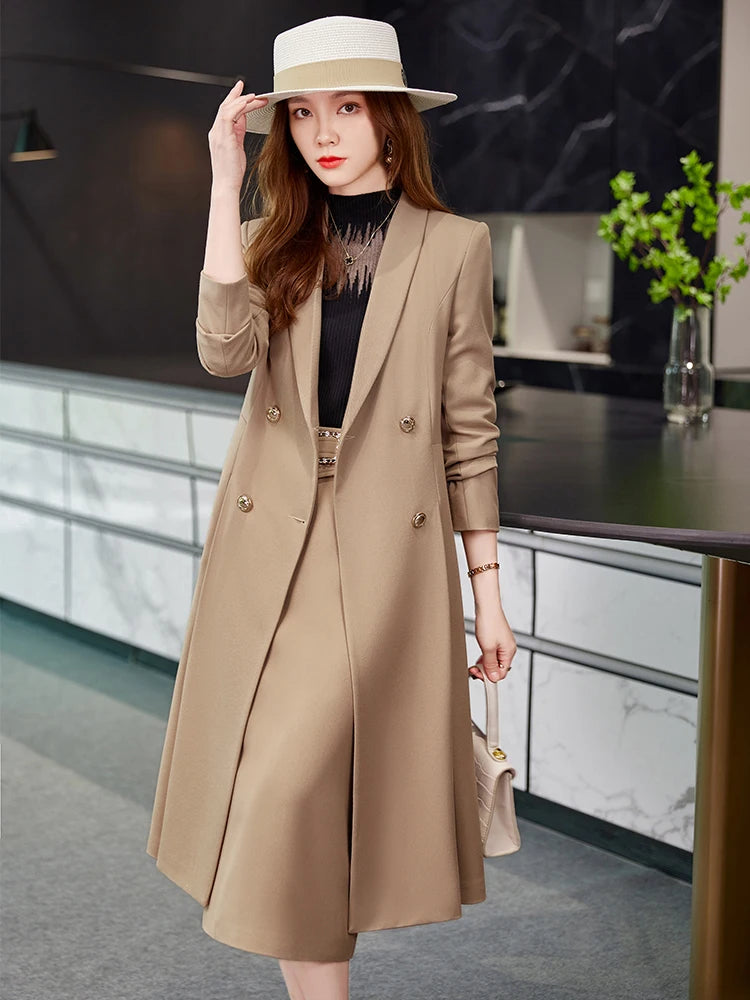 Formal Skirt Suit Female Coffee Long Sleeve Two Piece Set