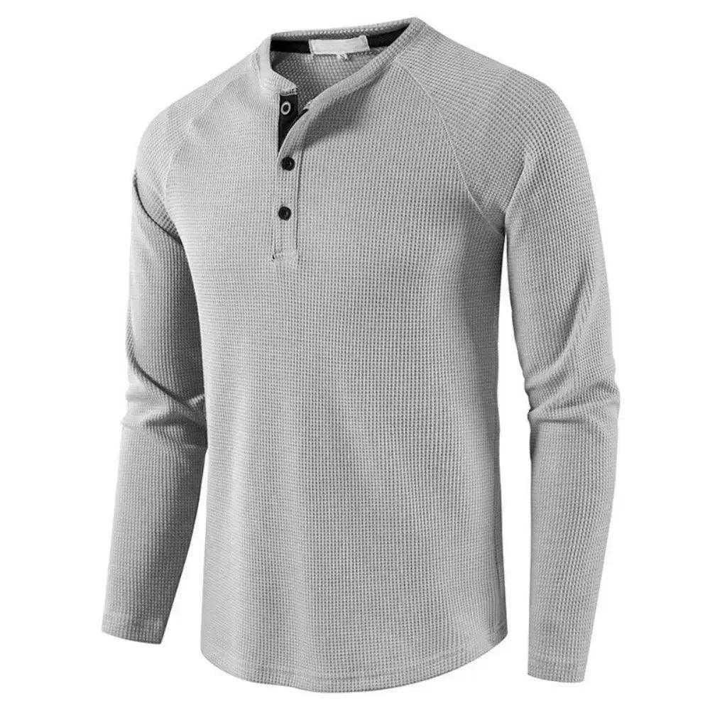 Men's Grey Waffle, Henley Casual Solid Breathable High Quality - Samslivos