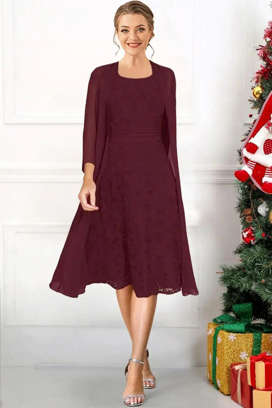 The Bride Formal Burgundy Two Pieces Midi Dress With Jacket - Samslivos