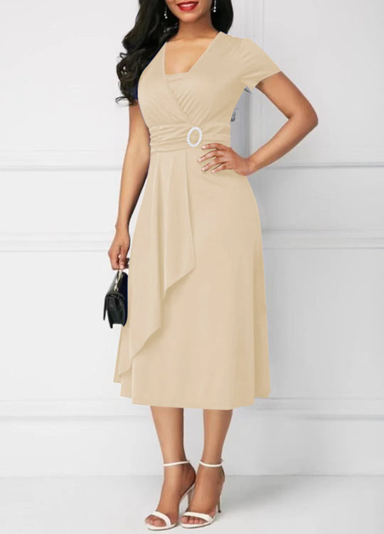 Summer Dresses Elegant Women V Neck Solid Short Sleeve - Samslivos
