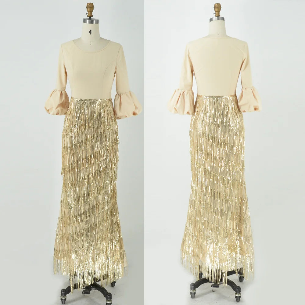 Women's Dresses Round Neck Lantern Long Sleeve Slim Gold