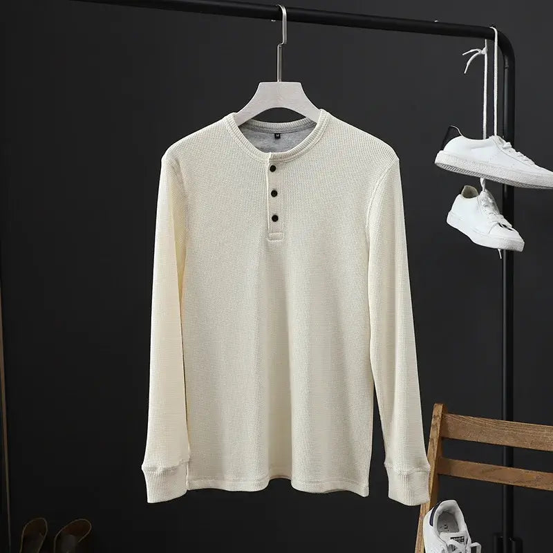 Classic Waffle Henley T Shirt for Men Cotton Long Sleeve - Samslivos