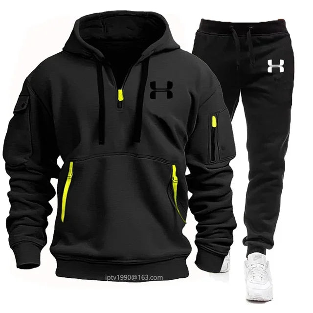 Men multi-pocket zipper hoodie pants two-piece leisure