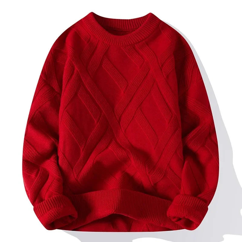 Winter Men's Sweater Red Knitted Pullover Round Neck