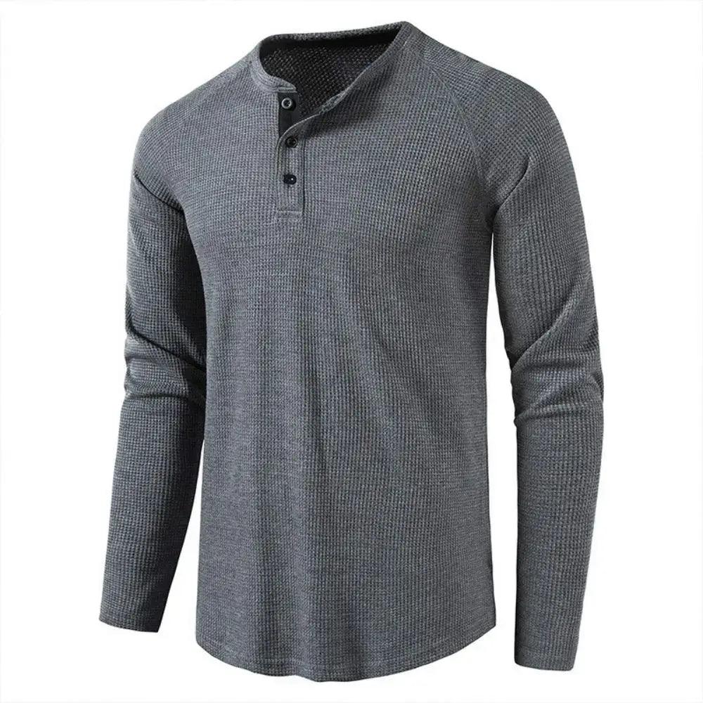 Men's Grey Waffle, Henley Casual Solid Breathable High Quality - Samslivos