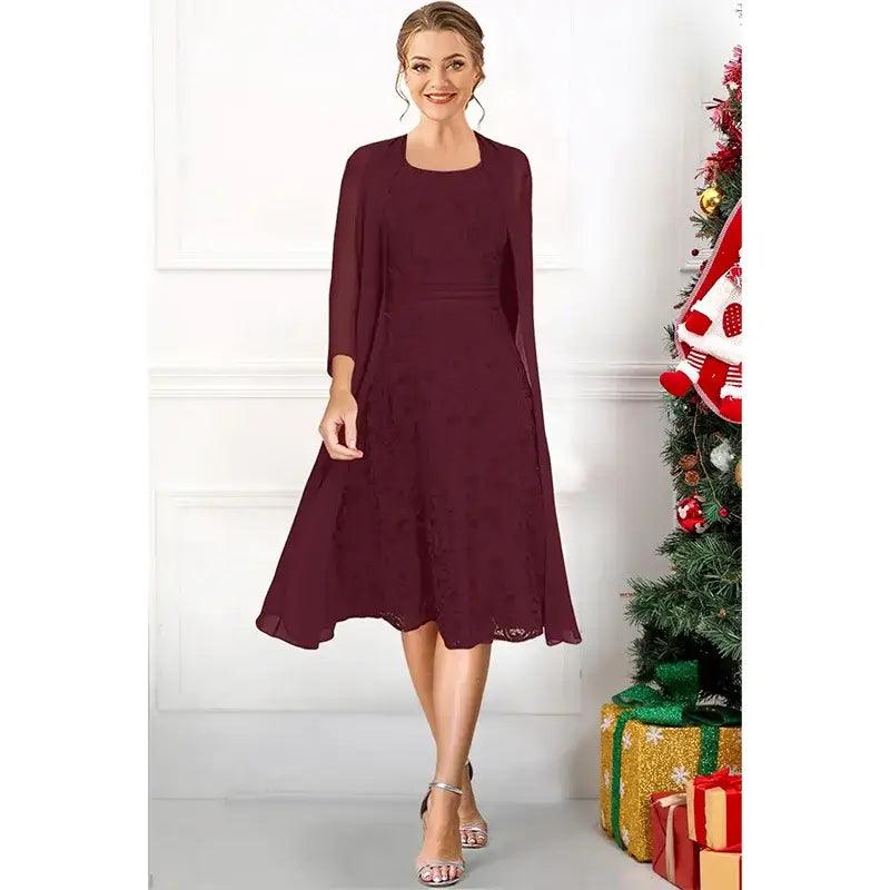 The Bride Formal Burgundy Two Pieces Midi Dress With Jacket - Samslivos