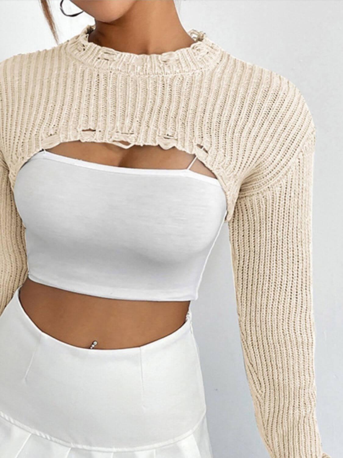 Distressed Long Sleeve Cropped Sweater - SAMFILS