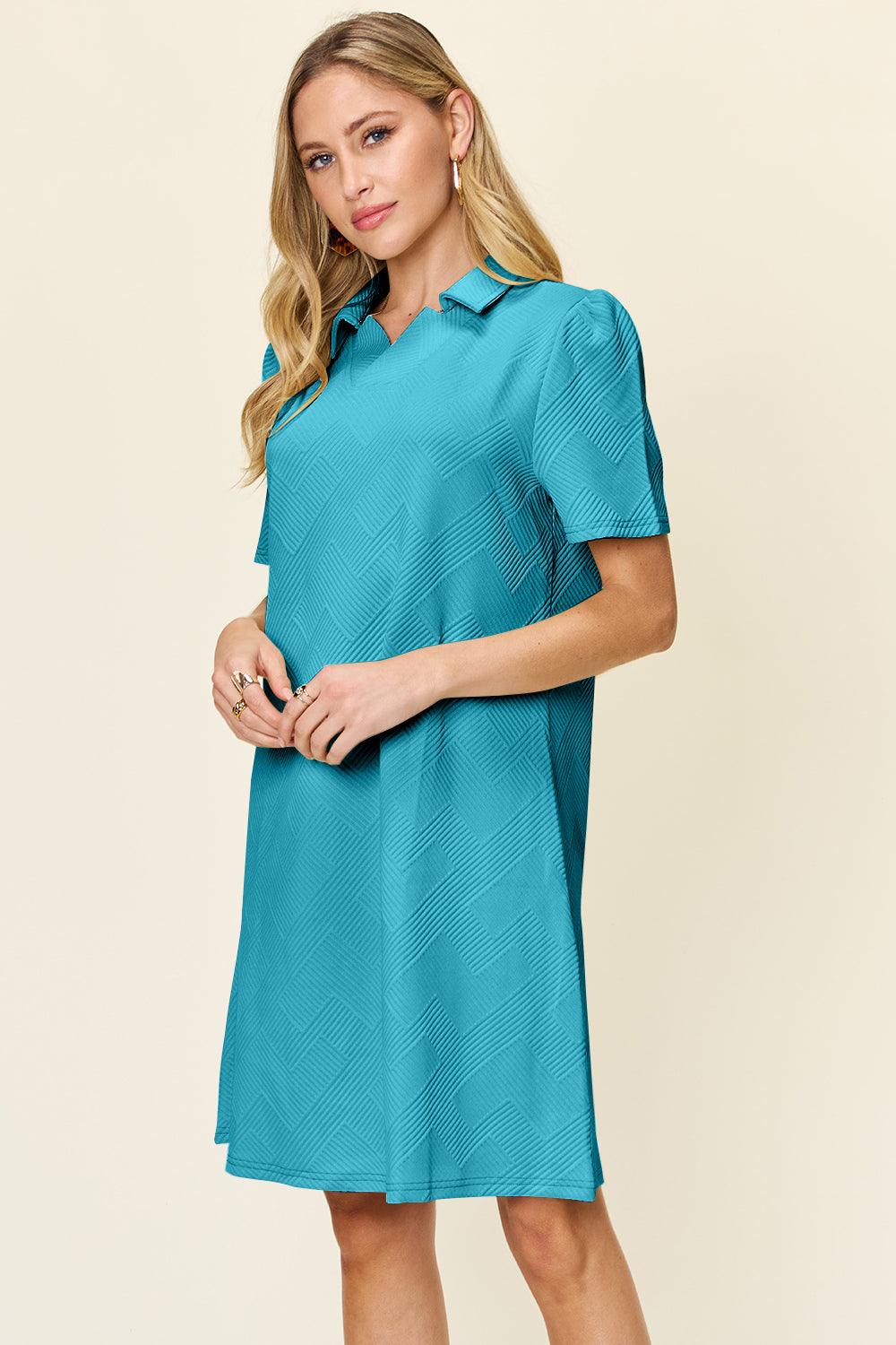 Double Take Full Size Texture Collared Neck Short Sleeve Dress - SAMFILS