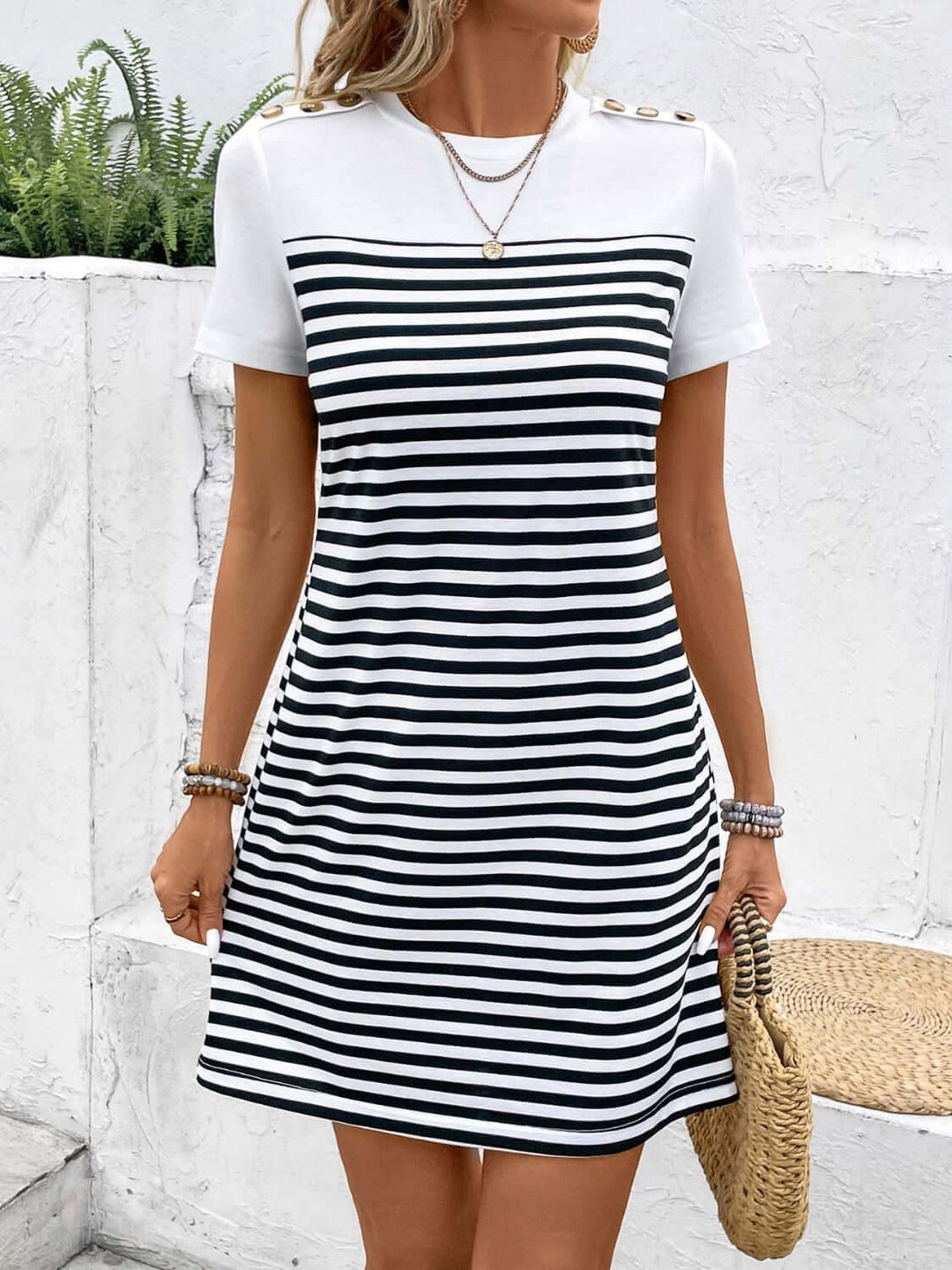 Striped Round Neck Short Sleeve Mini Tee Dress - Samslivos