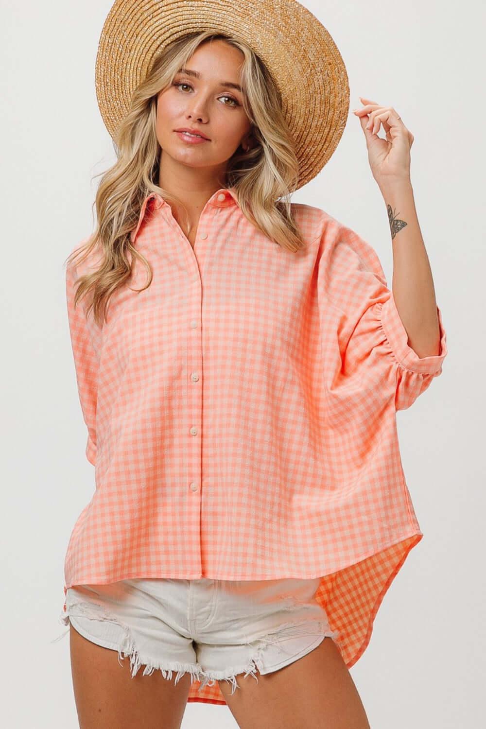 BiBi Plaid Button Up Dolman Perfect Sleeve Shirt - SAMFILS