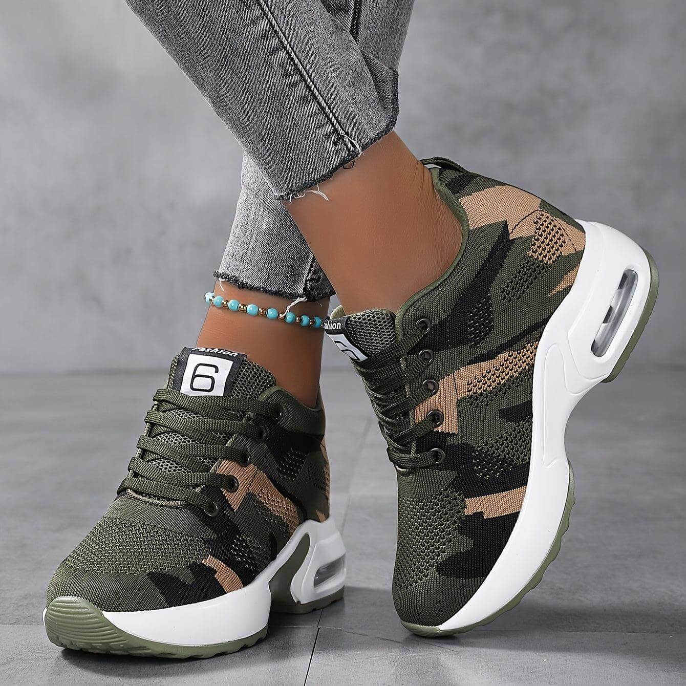 Women's Camouflage Pattern Sneakers, Breathable Knit Lace Up - SAMFILS