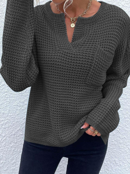 Comfort Notched Long Sleeve Sweater - SAMFILS