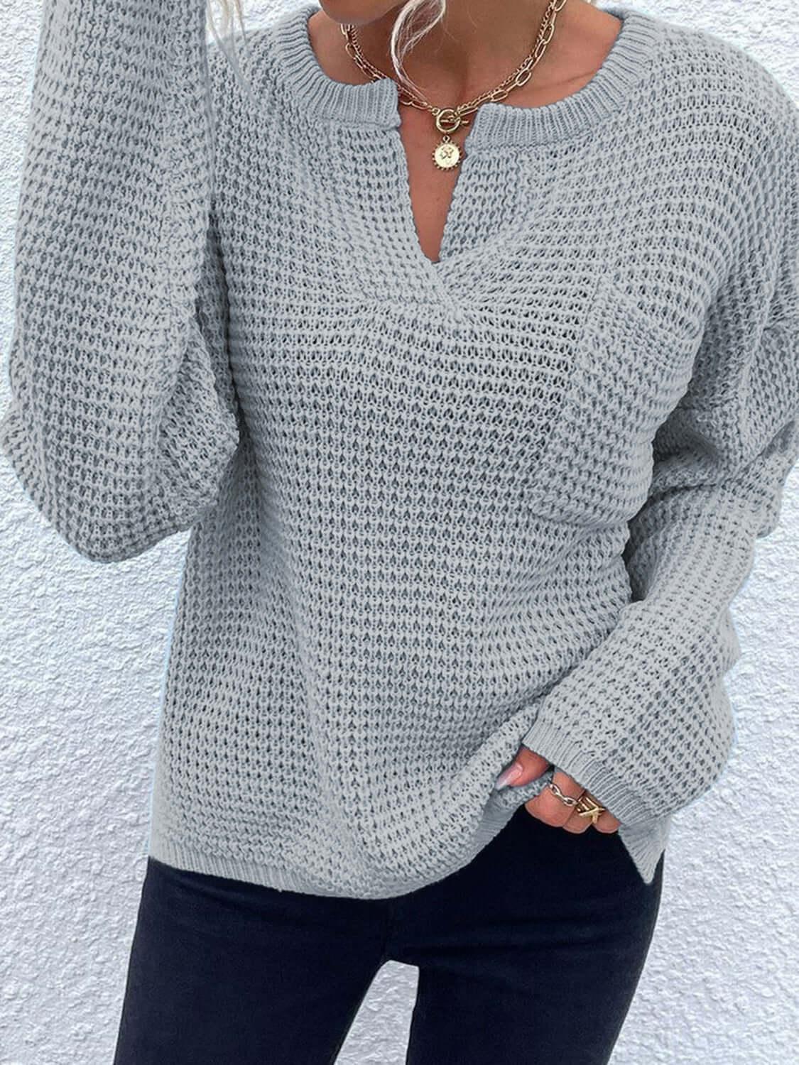 Comfort Notched Long Sleeve Sweater - SAMFILS