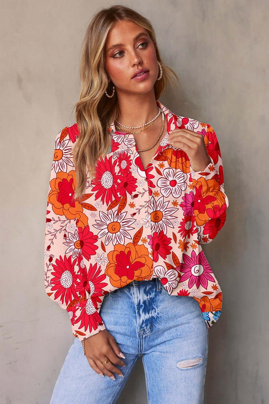 Printed Collared Neck Long Sleeve Shirt comfortable style - Samslivos