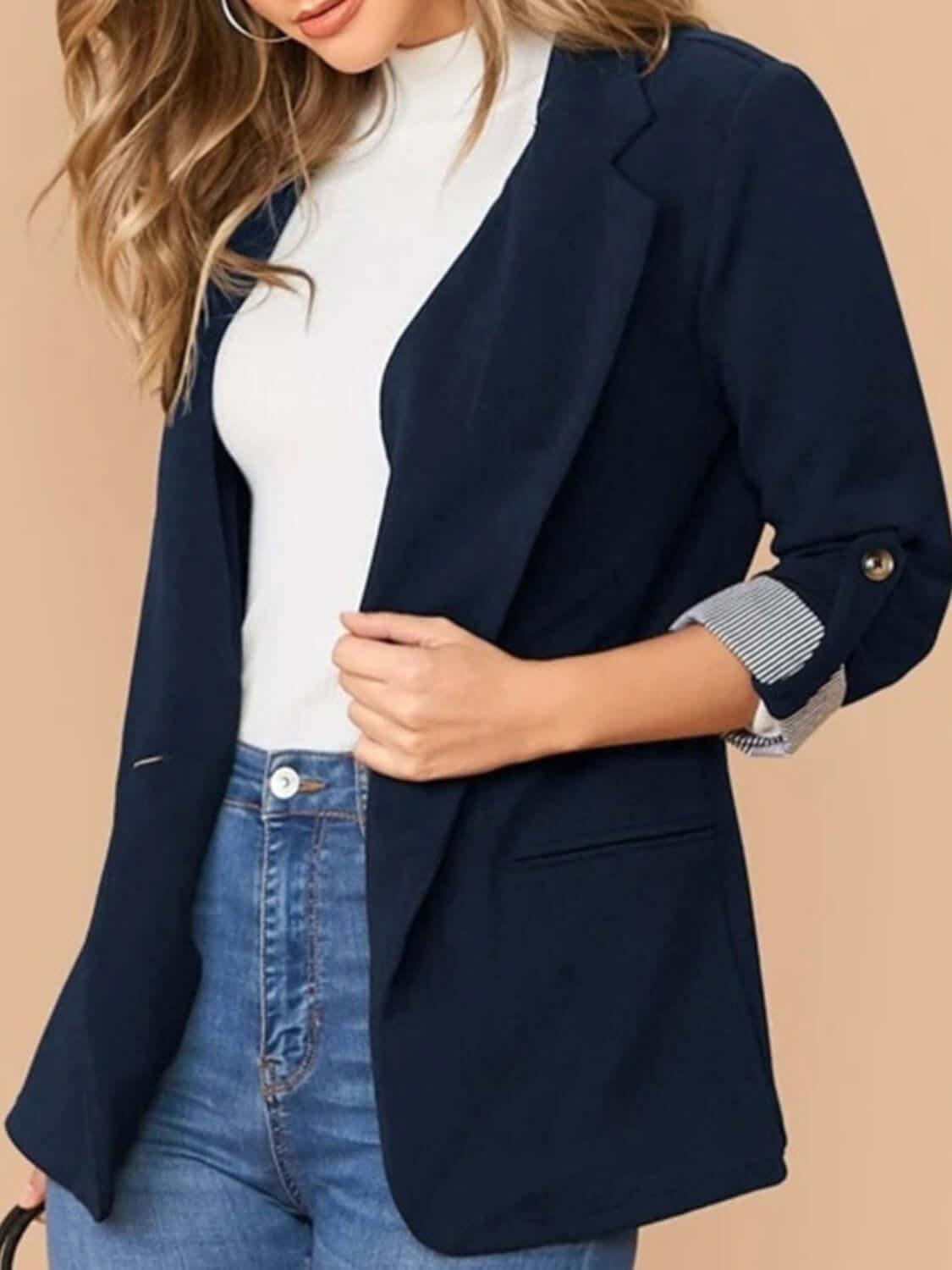 Lapel Collar Roll-Tab Clausic Sleeve Blazer - SAMFILS