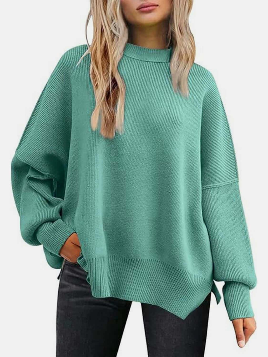 Round Neck Drop Shoulder Slit Sweater - SAMFILS