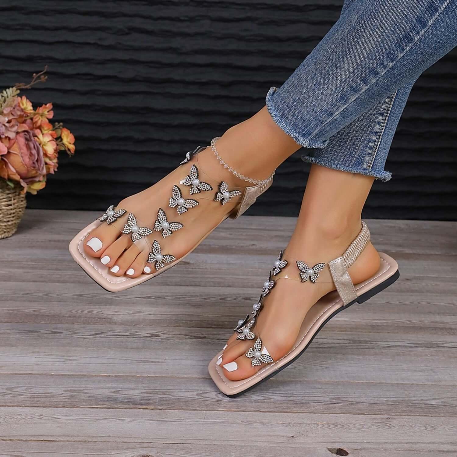 Rhinestone Sparkling Butterfly Flat Sandals - SAMFILS