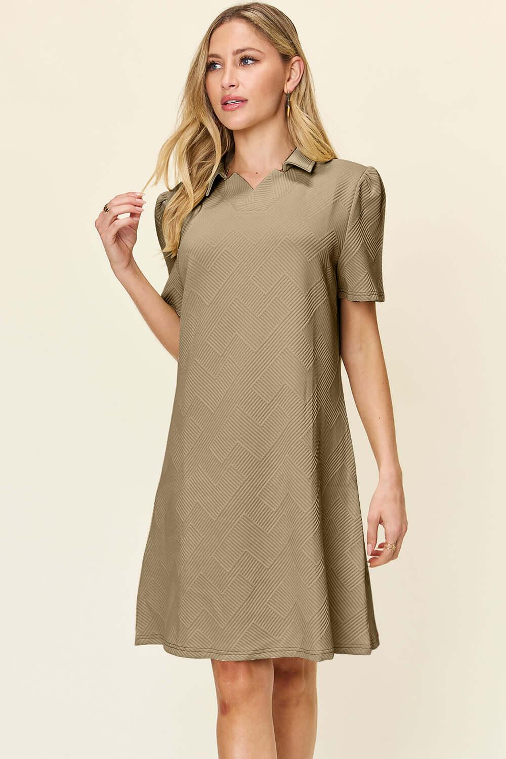 Double Take Full Size Texture Collared Neck Short Sleeve Dress - SAMFILS