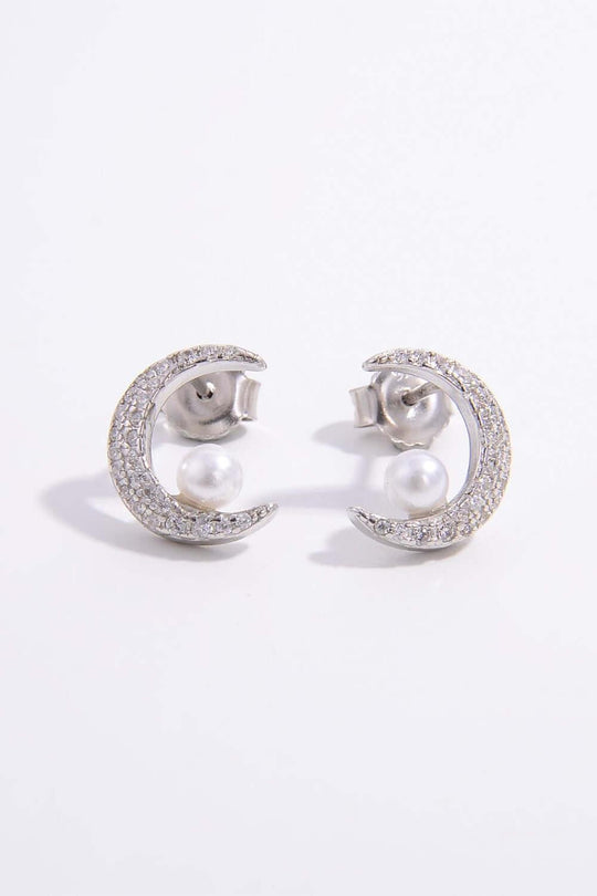 Pearl Sterling Silver Zircon Moon Shape Earrings - SAMFILS