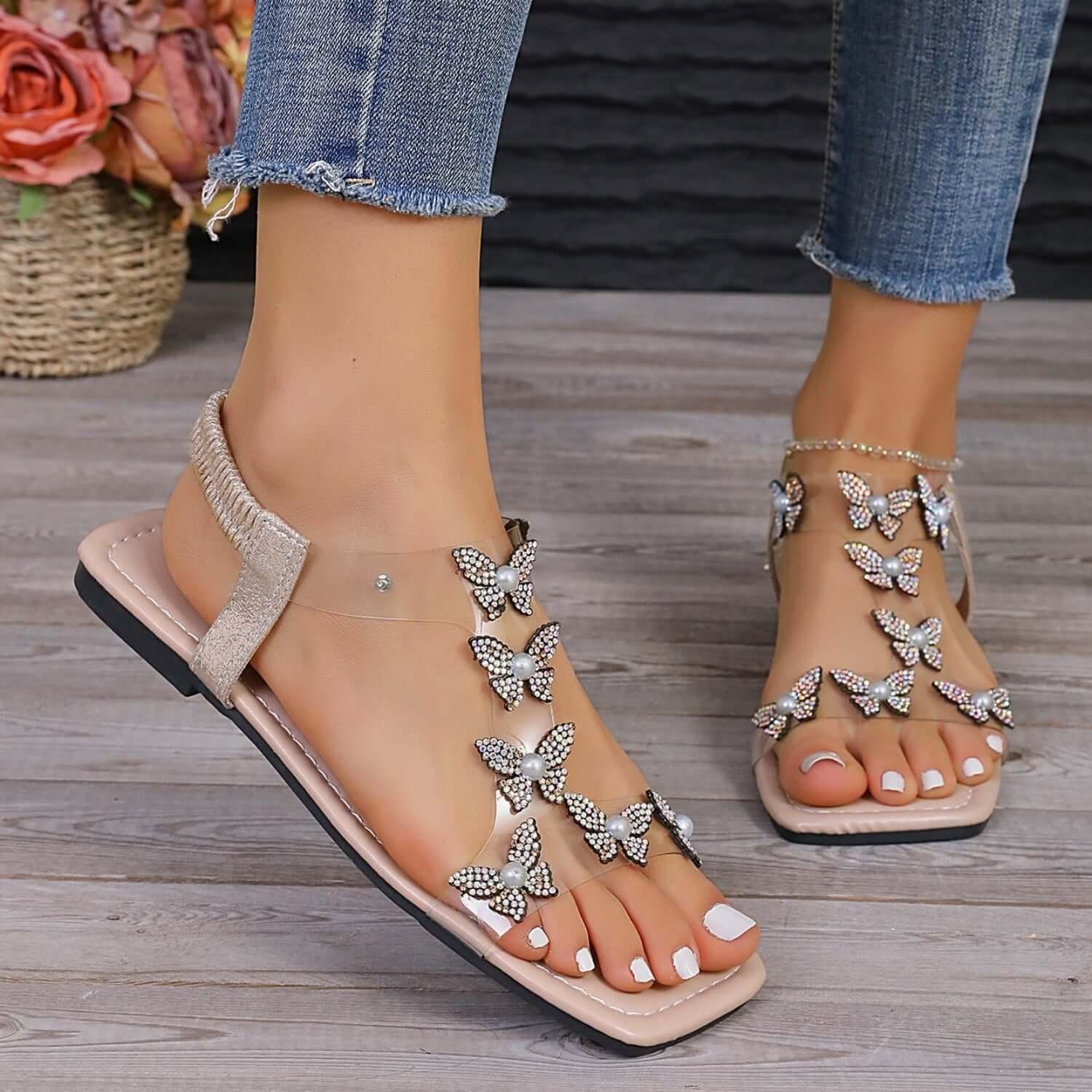 Rhinestone Sparkling Butterfly Flat Sandals - SAMFILS