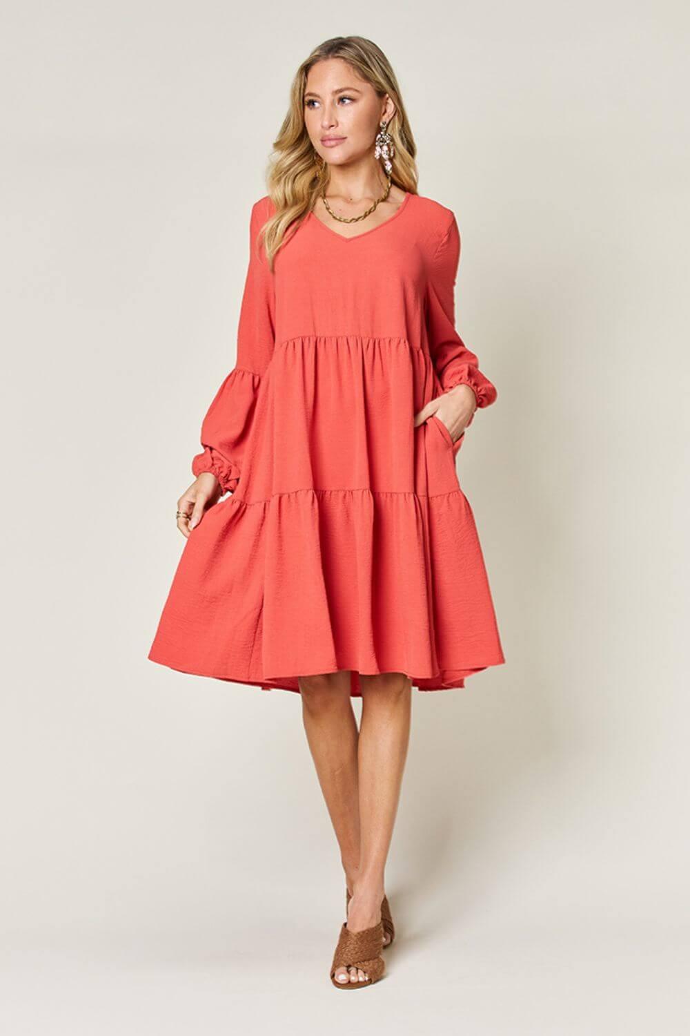 Double Take Full Size V-Neck Balloon Sleeve Tiered Dress - SAMFILS