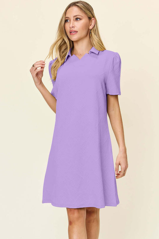 Double Take Full Size Texture Collared Neck Short Sleeve Dress - SAMFILS