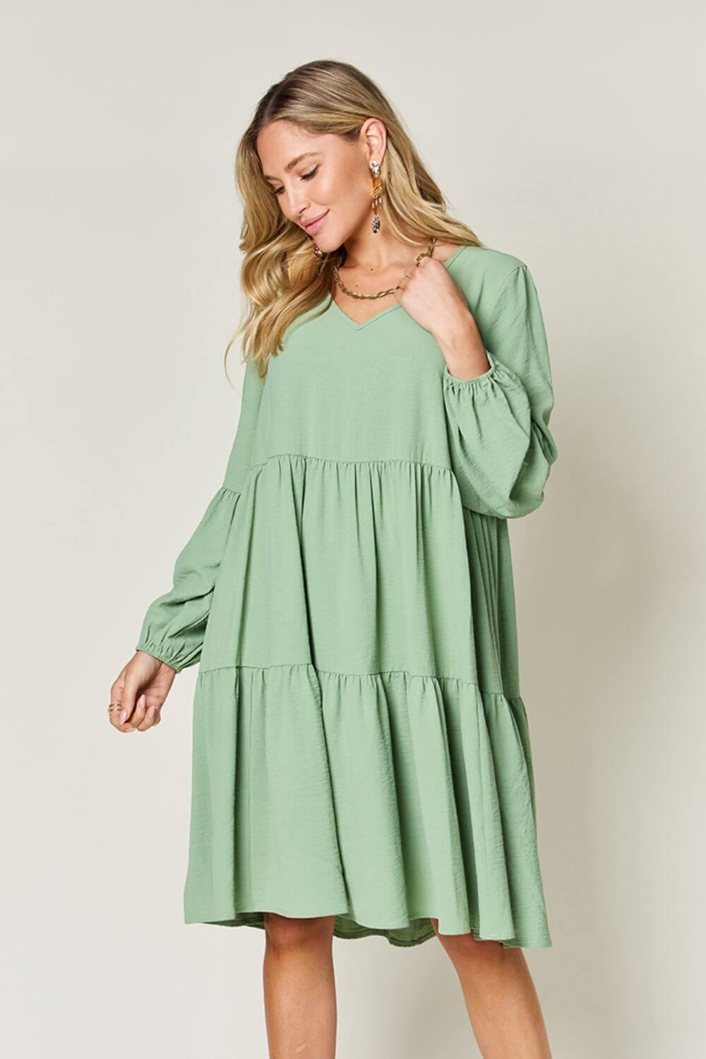 Double Take Full Size V-Neck Balloon Sleeve Tiered Dress - SAMFILS