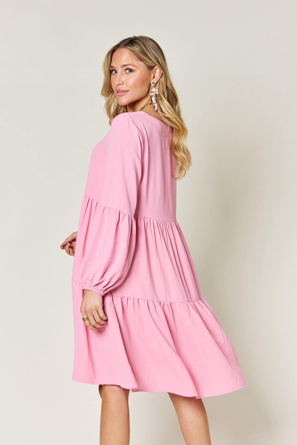 Double Take Full Size V-Neck Balloon Sleeve Tiered Dress - SAMFILS