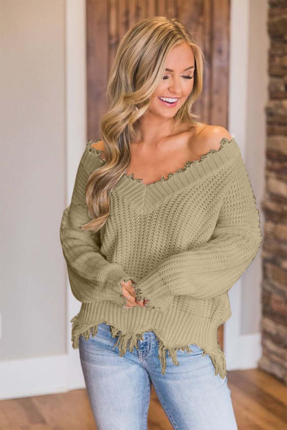 Frayed Hem Dropped Shoulder Sweater - SAMFILS