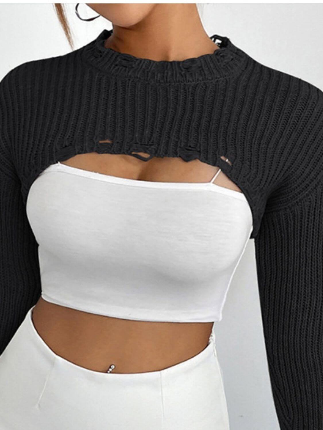 Distressed Long Sleeve Cropped Sweater - SAMFILS