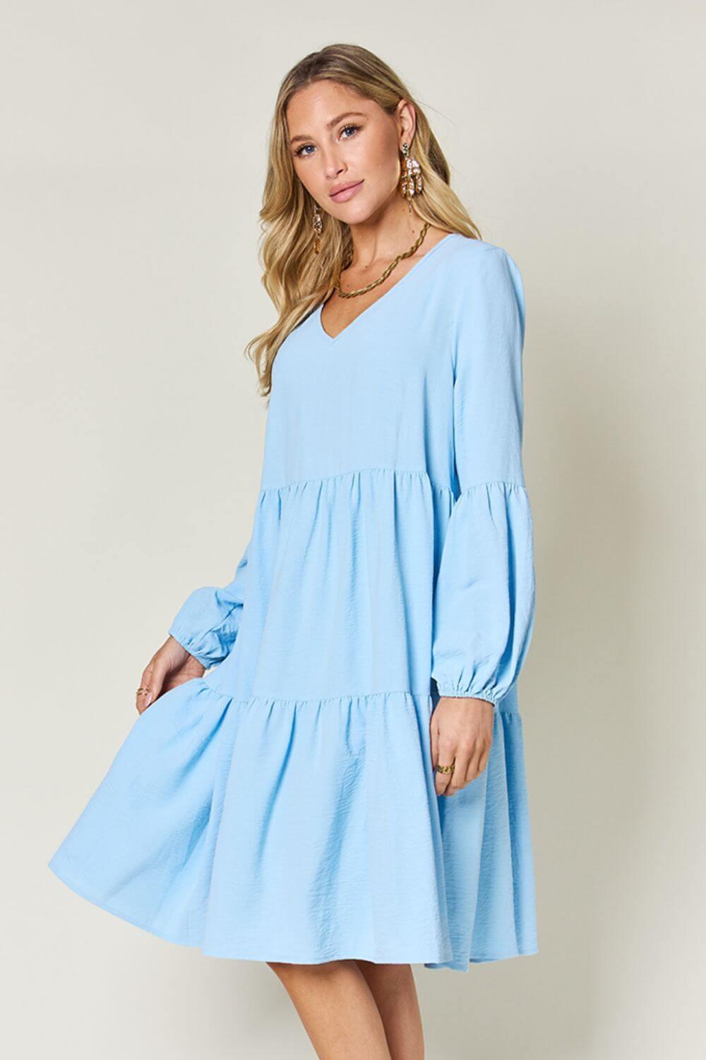 Double Take Full Size V-Neck Balloon Sleeve Tiered Dress - SAMFILS