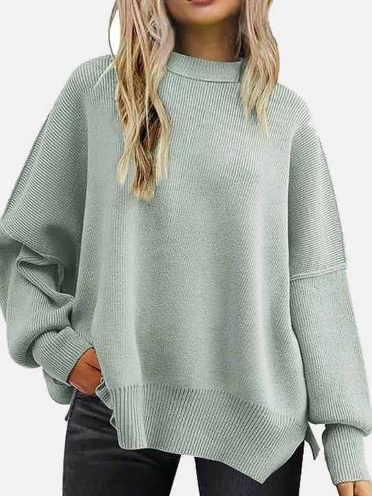 Round Neck Drop Shoulder Slit Sweater - Samslivos