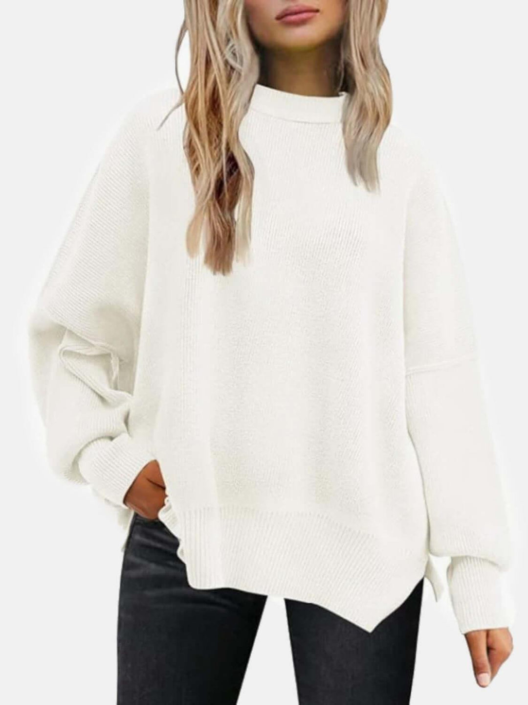 Round Neck Drop Shoulder Slit Sweater - Samslivos