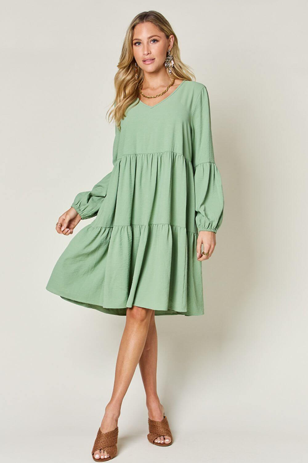 Double Take Full Size V-Neck Balloon Sleeve Tiered Dress - SAMFILS