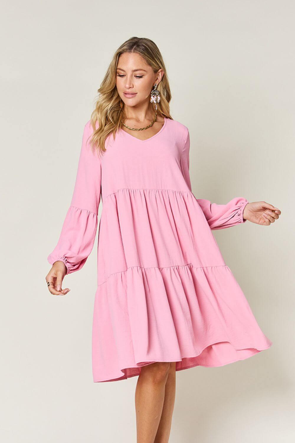 Double Take Full Size V-Neck Balloon Sleeve Tiered Dress - SAMFILS