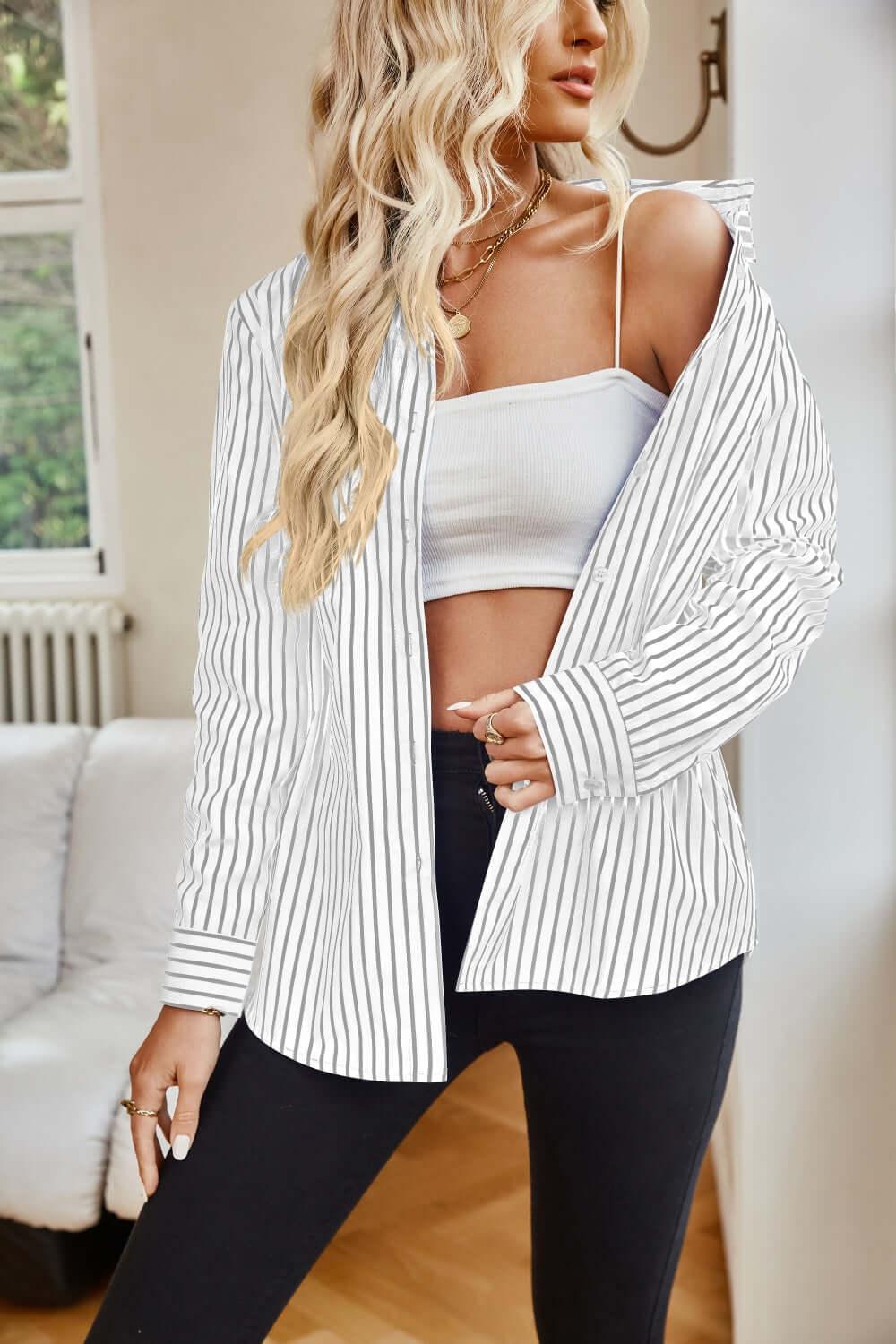 Striped Button Up comfortable Classic Long Sleeve Shirt - SAMFILS