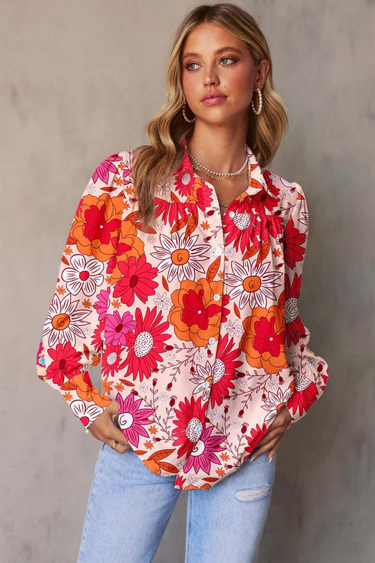 Printed Collared Neck Long Sleeve Shirt comfortable style - Samslivos